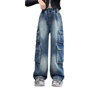 Jeans Mädchen Kinder Lang Baggy Hip Hop Lose Jogginghose Straight Leg elastische Taille Freizeithose Casual Jeanshose Relaxed-Fit Aestethic Stoffhose Sweatpants Denimhose Outdoorhose mit Taschen, 032