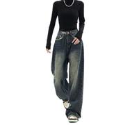 Jeans Mujer Cintura Alta Slim Pierna Recta Suelta Retro High Street Pantalones Casuales Pantalones De Pierna Ancha - Azul Oscuro - S