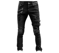 Jeans para Hombre Slim Fit Cargo Punk Estilo Negro con Detalle Roto, Cremalleras, Hebillas e Influencia Biker