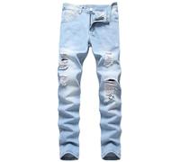 Jeans Rasgados para Hombres, Jeans De Mezclilla De Moto De Moto De Ajuste Delgado con Bolsillos,
