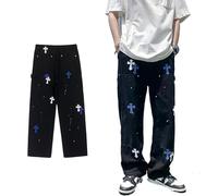 Jeans Y2K Vintage para Hombre con Parche de Cruz Corte Ancho Streetwear Denim Lavado Efecto Desgastado Pantalones Casuales Rectos Pierna Ancha Estilo Hip Hop(Black,S)