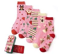 Jeasona 5 pares de calcetines de Navidad rosas para mujeres y niñas, 4-7, regalos de Navidad rosas para mujeres, calcetines de Navidad, regalos secretos de Papá Noel para ella, rellenos de calcetines