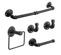 Jeasor Kit de accesorios de baño de tubería industrial de 5 piezas, montaje en pared, incluye toallero, ganchos para bata, soporte para papel higiénico y anillo de toalla (negro, 18 pulgadas)