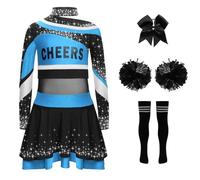 JEATHA Conjunto De Uniforme De Porristas Para Niñas Camiseta Corta Manga Larga + Falda Plisada Con Pompones Medias Disfraz Para Fiesta Halloween Azul claro negro 5-6 años
