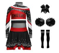 JEATHA Conjunto De Uniforme De Porristas Para Niñas Camiseta Corta Manga Larga + Falda Plisada Con Pompones Medias Disfraz Para Fiesta Halloween negro rojo 13-14 años