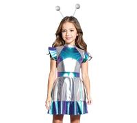 JEATHA Disfraz De Alien Metálico para Niñas Vestido Metálico Manga Corta Disfraz del Espacio Exterior Ropa De Fiesta Temática Halloween Carnaval Azul A 15-16 años