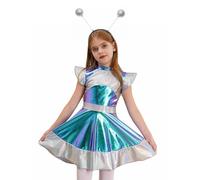 JEATHA Disfraz De Alien Metálico para Niñas Vestido Metálico Manga Corta Disfraz del Espacio Exterior Ropa De Fiesta Temática Halloween Carnaval Plateado 15-16 años