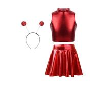 JEATHA Disfraz De Cosplay De Alien De Halloween Para Niñas Crop Top Sin Mangas +Falda Plisada+diademas De Alienígena Ropa De Fiesta Temática Rojo 7-8 años
