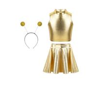 JEATHA Disfraz De Cosplay De Alien De Halloween Para Niñas Crop Top Sin Mangas +Falda Plisada+diademas De Alienígena Ropa De Fiesta Temática Dorado 13-14 años