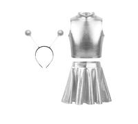 JEATHA Disfraz De Cosplay De Alien De Halloween Para Niñas Crop Top Sin Mangas +Falda Plisada+diademas De Alienígena Ropa De Fiesta Temática Plateado 15-16 años