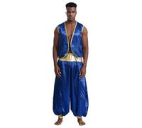 JEATHA Disfraz De Princípe Árabe Cosplay Para Hombre Chaleco Abierta Y Pantalones Largos Disfraz De Juego De Rol Fiesta Carnaval Royal Blue&Royal Blue S