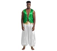 JEATHA Disfraz De Princípe Árabe Cosplay Para Hombre Chaleco Abierta Y Pantalones Largos Disfraz De Juego De Rol Fiesta Carnaval Green&White S