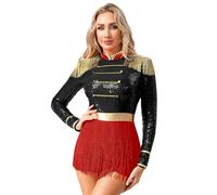 JEATHA Disfraz Domadora Mujer Mono De Danza Gimnasia Con Flecos Body De Manga Larga Traje Brillante De Actuación Fiesta Cosplay Negro 3XL