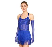 JEATHA Maillot De Baile Latino para Mujer Vestido con Flecos Lentejuelas Mono Patinaje Artistico Traje De Baile Salón Salsa Cha Cha Rumba Azul Real XL