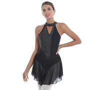 JEATHA Maillot de Danza Patinaje para Mujer sin Manga con Pedrería Brillante Body de Ballet con Falda Tul Vestido Maillot de Gimnasia Disfraz de Bailarina S-XXL Negro A XL