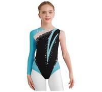 JEATHA Maillot De Gimnasia Ritmica Niña Leotardo Manga Larga Con Malla Transparente Mono Patinaje Artístico Disfraz De Bailarina Fiesta Azul verde 9-10 años