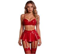 JEATHA Mujer Piel Aspecto Mojado Pvc Falda Con Top Corto Y Ganchos Metálicos Conjunto Minifalda Trajes De Rave Rojo 3XL