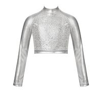 JEATHA Top de Deportivo Baile para Niñas Camiseta de Manga Larga de Brillante Metálico Crop Top de Gimnasia Danza Moderno Ropa de Baile Actuación 4-14 Años Plateado B 5-6 años