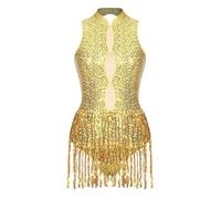 JEATHA Vestido De Baile Latino con Flecos para Mujer Maillot Sin Manga De Patinaje Artístico Traje de Baile Latino Ropa de Baile Contemporánea Dorado B S