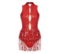 JEATHA Vestido De Baile Latino con Flecos para Mujer Maillot Sin Manga De Patinaje Artístico Traje de Baile Latino Ropa de Baile Contemporánea Rojo B M