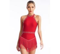 JEATHA Vestido De Baile Latino con Flecos para Mujer Maillot Sin Manga De Patinaje Artístico Traje de Baile Latino Ropa de Baile Contemporánea borgoña L