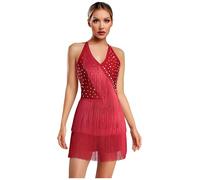 JEATHA Vestido De Baile Latino De Salsa con Borlas para Mujer Body De Lentejuelas Sin Mangas Maillot De Patinaje Competición Vino Rojo S
