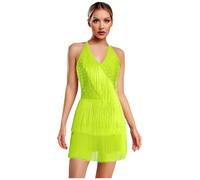 JEATHA Vestido De Baile Latino De Salsa con Borlas para Mujer Body De Lentejuelas Sin Mangas Maillot De Patinaje Competición Amarillo L