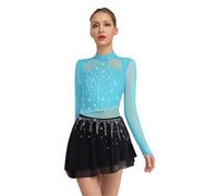 JEATHA Vestido De Danza Lírica Para Mujer Leotardo Con Falda De Gasa De Manga Larga Body De Patinaje Artístico Traje De Danza Moderna Azul claro S