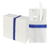 JEBBLAS Monouso Lino Feel Tovaglioli, Built-in Flatware Bag, Tovaglioli da sposa decorativi con stampa rosa, panno piegato come tovagliolo partito, morbido, forte, assorbente, 50-Pack. (Blu)