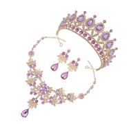 JECOMPRIS Conjunto de Joyas para Mujer Boda Tiara Dorada y Púrpura, Collar de Gemas de Imitación y Pendientes de Perno, Accesorios Elegantes para Fiesta y Ceremonia, 1 Tiara 1 Collar 1 Par