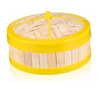 JECOMPRIS Vaporera de Bambú un Nivel 20 Cm con Tapa y Borde Plástico Amarillo, Cesta para Cocinar Dim Sum, Bollos y Verduras al Vapor, Accesorio Práctico para Cocina Doméstica