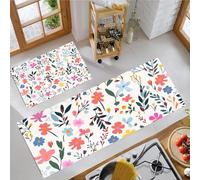 JEDTAKCT 2 Piezas Antideslizante Cocina Absorbente Lavable Dibujos Florales Alfombra De Pie De Cocina Plantas Lindas para Comedor Dormitorio Portal Salón 40X60+40X120Cm, Crema