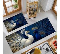 JEDTAKCT 2 Piezas Antideslizante Cocina Absorbente Lavable Pavo Real De Fantasía Alfombra De Pie De Cocina Pintura Al Óleo De Animales para Comedor Dormitorio Portal Salón 43X75+43X150Cm, Azul Marino
