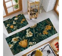 JEDTAKCT 2 Piezas Antideslizante Cocina Absorbente Lavable Tulipanes De Primavera Alfombra De Pie De Cocina Bosque Botánico para Comedor Dormitorio Portal Salón 50X80Cm+50X150Cm, Verde Oscuro