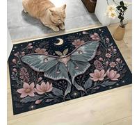 JEDTAKCT 60X90Cm Alfombra Interior Antideslizante Y Absorbente Luna Polilla Flor, Alfombra Lavable De Microfibra Pelo Corto Criaturas Fantásticas para Entrada Cocina Baño Y Mascotas, Verde Polvo