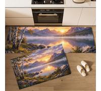 JEDTAKCT Alfombra Cocina Lavable Antideslizantepaisaje Lacustre Natural | Juego De 2 Alfombrillas Absorbentes Puesta De Sol Montañas Brumosas, Alfombras Pasillo para Lavadero, 43X75+43X150, Naranja