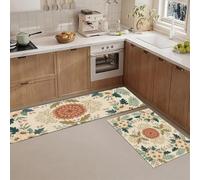 JEDTAKCT Alfombra De Cocina Flores De Datura Bohemia 2 Piezas, Planta Tradicional Alfombrillas De Cocina Lavables para Suelo, Beige Suaves Alfombrillas Antideslizantes para Lavadero Pasillo