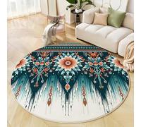 JEDTAKCT Alfombra Geométrico Tradicional Redonda De 120 Cm, Flores Aztecas, Alfombra Fina Antideslizante Lavable A Máquina Suave De Pelo Bajo Tapete para Dormitorio Oficina, Turquesa