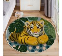 JEDTAKCT Alfombra Redonda De 120 Cm Lavable Tigre Dibujos Animados para Interiores, con Estampado Lunares Tropicales Planta, Verde Bosque, Círculo Redonda, Cocina, Sala De Estar, Recámara, Comedor