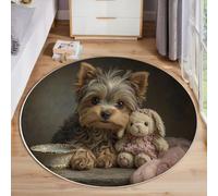 JEDTAKCT Alfombra Redonda De 160 Cm Lavable Lindo Yorkshire Terrier para Interiores, con Estampado Pintura Al Óleo Animales, Marrón Óxido, Círculo Redonda, Cocina, Sala De Estar, Recámara, Comedor