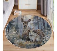 JEDTAKCT Alfombra Redonda De 80 Cm Lavable Ciervo Y Conejo En Acuarela para Interiores, con Estampado Animales del Bosque, Azul Grisáceo, Círculo Redonda, Cocina, Sala De Estar, Recámara, Comedor