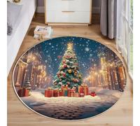 JEDTAKCT Alfombra Redonda, Estampado Árbol De Navidad Ornamentado Calle Invernal Alfombras Redondas Cómodo, Lavable Antideslizante Alfombra Salon Redondas para Cocina Habitacion, Azul Cobalto, 80 Cm