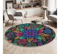JEDTAKCT Alfombra Redonda Salon 120 Cm, Alfombra Antideslizante Estampado Flores Exóticas De Cachemir, Suave Lavable Lavadora Azul Cian Plantas Bohemias Alfombras para Dormitorio Cocina Comedor