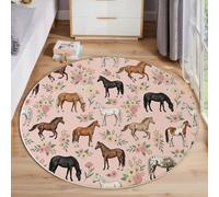 JEDTAKCT Alfombra Redonda Salon 120 Cm, Alfombra Antideslizante Estampado Romance Rosas Flores Caballos, Suave Lavable Lavadora Rosa Ilustración De Animales Alfombras para Dormitorio Cocina Comedor