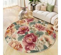 JEDTAKCT Alfombra Salon Redonda 100 Cm, Beige Rojo Flores De Acuarela Vintage Alfombra Habitacion Infantil Dormitorio Antideslizante Lavables, Plantas Bohemias Pelo Corto Alfombras para Comedor