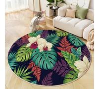 JEDTAKCT Alfombra Salon Redonda 120 Cm, Verde Bosque Orquídeas Tropicales Hojas Alfombra Habitacion Infantil Dormitorio Antideslizante Lavables, Bosque De Palmeras Pelo Corto Alfombras para Comedor