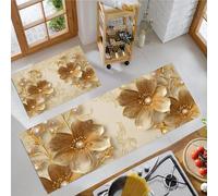JEDTAKCT Alfombras De Cocina Flores De Perla 3D Juegos De 2 Alfombrillas De Plantas De Lujo Juego De Tapetes De Entrada Lavables Antideslizantes Antifatiga Blandas, Beige, 44X75+44X120Cm