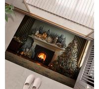 JEDTAKCT Árbol De Navidad 3D Felpudo De Entrada 50X80Cm, Chimenea Retro Pelo Corto Alfombra Interior De Bienvenida Antideslizante, Marrón Lavable Alfombrilla, Cocina Pasillo Dormitorio