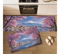 JEDTAKCT Cerezos En Flor Lago Juegos De Alfombras De Cocina Vista Monte Fuji 2 Piezas Antideslizante Alfombra De Cocina Azul Cielo Cómoda Absorbente Lavable Alfombrillas, 44X75+44X120Cm