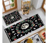 JEDTAKCT Corona De Estrellas Y Luna Juego De Alfombrillas De Cocina Antideslizantes Y Duraderas, Negro 2 Piezas Lavables para Cocina Lavandería Dormitorio, Cielo Estrellado Bohemio, 43X75+43X150Cm
